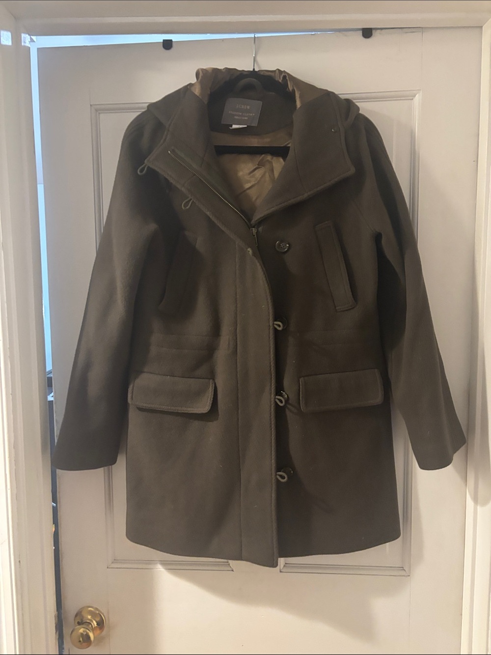 J. Crew Olive Green Stadium Coat Hooded Wool-Blend Pea Coat